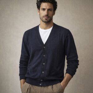 Marks & Spencer Cardigan Navy Blue Button Front Pockets V-Neck Italy Men's Sz L